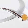 Minimalist silver hair clip with brown curved bar and translucent amber bead - Orange #7