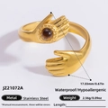 Polished 18K gold plated stainless steel hugging hands open ring with tiger eye stone - Tiger Eye Hugging Palms Style (JZ21072A)