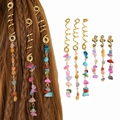 Bohemian braid hair rings with natural stone charms in gold spiral and snake shapes - Set of 6