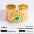 Vintage wide band stainless steel open ring with green natural stone and evil eye relief - Green Eye Evil Eye Wide Band Style (JZ21361C)