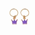 Close-up of golden crown hair ring pendants with vibrant purple enamel finish for braids - Purple Crown Pair (E8531)