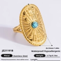 Vintage stainless steel ring with 18K gold plating and oval turquoise stone inlay - Turquoise Oval Sun Grain Style (JZ21191B)