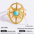Vintage 18K gold-plated stainless steel sunburst ring featuring a blue turquoise stone - Turquoise Sun Wheel Hollow Style (JZ21168A)