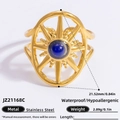 Golden stainless steel sunburst ring with blue gemstone, waterproof and hypoallergenic - Dark Blue Gemstone Sun Pattern Radial Style (JZ21168C)