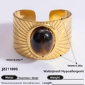 18K gold plated stainless steel open ring featuring a large oval tiger eye natural stone - Tiger Eye Sun Pattern Wide Open Style (JZ21189G)