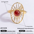 Golden stainless steel sunburst ring with red gemstone, waterproof and hypoallergenic style - Sunflower Radial Red Cabochon Style (JZ21423B)
