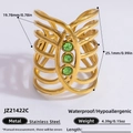 18K gold plated stainless steel open ring featuring three green natural stones - Three Green Gemstone Wave Hollow Style (JZ21422C)