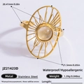 Retro stainless steel sunburst ring in 18K gold finish with translucent natural stone - Sun Pattern Hollow White Moonstone Style (JZ21423D)