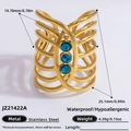 Waterproof 18K gold plated stainless steel wide ring featuring three blue zircon stones - Three Blue Zirconia Hollow Multi Layer Style (JZ21422A)
