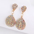 Macro shot of gold teardrop earrings with shimmering AB crystal pave for weddings - Gold AB Rhinestones (E8433)