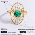 Gold stainless steel sunburst ring featuring a green malachite stone inlay - Malachite Hollow Sun Pattern Style (JZ21423A)
