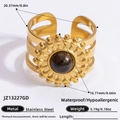 Golden stainless steel adjustable ring with round brown stone and solar sunburst detail - Tiger Eye Sun Pattern Three Layer Hollow Style (JZ21420D)