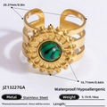 Vintage 18K gold stainless steel open ring featuring a green malachite stone inlay - Malachite Sun Pattern Three Layer Hollow Style (JZ21420A)