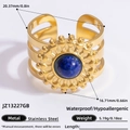Adjustable 18K gold-plated stainless steel ring with blue natural stone sunburst design - Lapis Lazuli Sun Pattern Three Layer Hollow Style (JZ21420B)