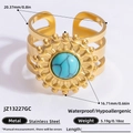 Gold stainless steel ring with turquoise stone inlay and multi-layer open sunburst design - Turquoise Sun Pattern Three Layer Hollow Style (JZ21420C)