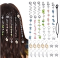 Detail of boho hair braid rings with natural stone charms and metal leaf pendants - Silver (Style 12)