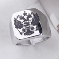Anello con sigillo da uomo in acciaio lucido argento con aquila russa a due teste - Taglia 7 / Logo Aquila Bicefala (C6001) / Colore acciaio