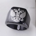 Anello sigillo uomo in acciaio inossidabile nero lucido con emblema dell'aquila russa - Taglia 7 / Logo Aquila Bicefala (C6001) / Nero