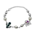 Minimalist stainless steel pearl bracelet with cactus and ghost charms on white backdrop - B5006-17CM+5CM