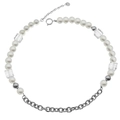 Chique titanium stalen ketting met witte parels, ijskristallen en zilveren schakelketting - B3005-45+5cm