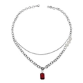 Hip hop layered necklace with silver chain, white pearls and a rectangle ruby pendant - D3006 Style (D3006) / 50cm / Silver (Red Pendant)