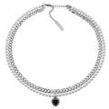 Collana doppio strato in acciaio al titanio con perle bianche, catena cubana e ciondolo cuore nero - Stile cuore nero a doppio strato (D3015) / 50cm+5cm