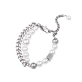Collana hip hop a doppio strato con catena argento, perle e ciondoli in metallo quadrati - Braccialetto a doppio strato a giuntura (D2011)