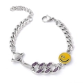Cubaanse schakelarmband met zilveren planeet, paarse kristalschakel en gele smiley-bedel - Smiley Planeet Patchwork Stijl (C5006) / 18+4CM / Zilver
