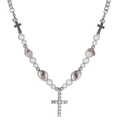 Herren Perlen- und Titanstahl-Kreuzhalskette mit Zirkonia im Hip-Hop- und Street-Style - Kreuz-Stil mit Strass und Kunstperlen (D4016)