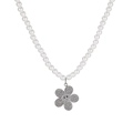 Funkelnde Perlenkette mit silbernem Sonnenblumen-Smiley-Anhänger und glänzenden Kristallen - Weiße künstliche Perlen Gänseblümchen Kette (D1014)