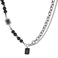 Layered titanium steel necklace with black beads and rhinestone rectangle pendants - Black Gemstone (B3006)