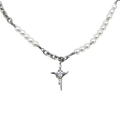Star cross necklace with silver chain, white pearls and square cubic zirconia pendant - Pearl Cross Style (C2001) / 47+5cm