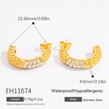 Golden C-shaped stainless steel earrings with sparkling round cubic zirconia stones - 18K Gold Plated / Gold C-Shaped Rhinestone Style (EH11674)