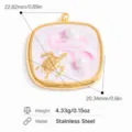 DIY shell pendant featuring a gold turtle design and pink enamel on stainless steel - Square Sea Turtle Pearl Style (PJ91710)