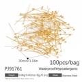 18K gold plated 30mm stainless steel ball head pins for DIY jewelry making 100pcs - 30mm Ball Head Pins (PJ91761)