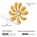Golden 18k plated stainless steel flower ring with a white pearl center and 42.6mm size - Adjustable Open / Artificial Pearl(JZ21505D)
