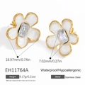 Wasserdichte Ohrringe aus Edelstahl mit 18k Vergoldung, weißem Emaille und Kristallen - Weiße Fünfblättrige Blume (EH11764A)