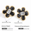 Ohrstecker aus Edelstahl mit schwarzer Emaille-Blume und 18k Goldbeschichtung - Schwarze Fünfblättrige Blume (EH11764C)