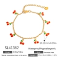 Cavigliera dorata in acciaio inox con ciondoli a ciliegia in acrilico rosso e cuore - Bracciale Ciliegia (SL41362)