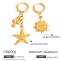 Waterproof 18K gold plated stainless steel starfish and sun asymmetric earrings - Zirconia Cross Starfish Style (PJ92001)