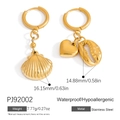 Golden stainless steel ocean earrings featuring textured shell, heart and conch charms - Heart Sea Snail Shell Style (PJ92002)