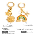 Asymmetric 18K gold plated stainless steel sun and rainbow charm drop earrings - Rainbow Sun Starfish Style (PJ92004)