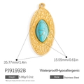 18K gold plated stainless steel oval pendant featuring a teardrop turquoise stone inlay - Oval Hammered Texture With Turquoise Stone (PJ91992B)
