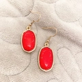 Chic red marble drop earrings with gold geometric frame and spiral hook wires - Red