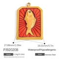 Golden stainless steel rectangle pendant featuring a fish relief and red sunburst design - Rising Sun Koi Shape (PJ92020B)