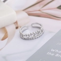 Elegant adjustable silver crown ring featuring heart-shaped cutouts and sparkling cubic zirconia - Silver (D7319)