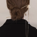 Vintage style gold tassel hair sticks set with heart fan charms and blue teardrop beads - Heart Fan Tassel Hair Stick (E7305)