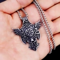 Colgante brújula vikinga y alas en acero oxidado con cadena box estilo retro - Ala