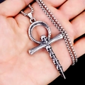Punk roestvrijstalen Ankh-kruis ketting met kleine doodshoofden en metalen schakelketting - Ankh-schedel Met Stalen Ketting