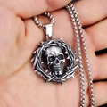 Retro roestvrijstalen punk schedel hanger ketting met doornenkrans voor heren - Skelet Ring + Stalen Ketting